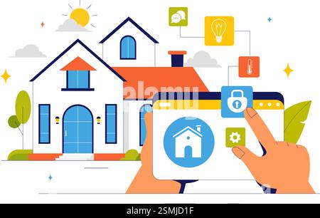 Vektor-Illustration für die Heimautomatisierung mit einem Smart Home, das über ein Smartphone gesteuert wird, und einem integrierten System elektronischer Geräte im Hintergrund Stock Vektor