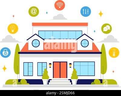 Vektor-Illustration für die Heimautomatisierung mit einem Smart Home, das über ein Smartphone gesteuert wird, und einem integrierten System elektronischer Geräte im Hintergrund Stock Vektor