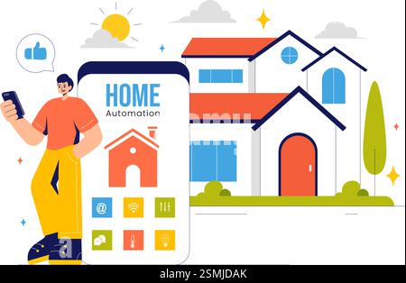 Vektor-Illustration für die Heimautomatisierung mit einem Smart Home, das über ein Smartphone gesteuert wird, und einem integrierten System elektronischer Geräte im Hintergrund Stock Vektor