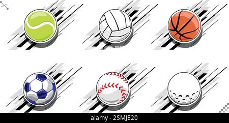 Sechs Sportbälle – Tennis, Volleyball, Basketball, Fußball, Baseball, Softball und Golfball – mit Schatten und Bewegungseffekten für ein energiegeladenes Design. Stock Vektor