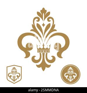 Goldene Königslilie auf weißem Hintergrund. Wappenschild, Logo, Designelement, Dekoration. Grafisches Vektormuster. Stock Vektor