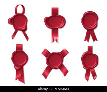 Rote Wachssiegel-Kollektion mit Satinbändern in verschiedenen Formen – vertikal, gekreuzt und geschlungen. Hochglanzstempel mit eleganten Zierstreifen für Zertifikate, Einladungen und hochwertiges Verpackungsdesign. Stock Vektor