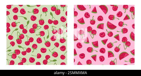 Nahtloses Muster von reifer Wassermelone, Kirschen mit frischen Himbeeren, grünen Stielen und Blättern auf hellem Hintergrund. Süße Beeren verstreut – dekoratives Design für Textilien, Geschenkpapier oder Schreibwaren. Stock Vektor