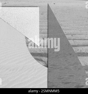 Abstrakte schwarz-weiße Papier Collage Illustration mit verschiedenen Dünen, Strand und Sand Natur Elemente. Retro-Vintage-STYLE. Körnung und Schmirgeleffekt A Stockfoto