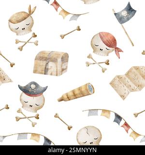 Piraten mit Aquarellmuster, Seeleute Schädel, Knochen, Brust, Karte, Spyglass. Kinderillustration, handgezeichnet im Zeichentrickstil. Isoliert auf weiß Stockfoto