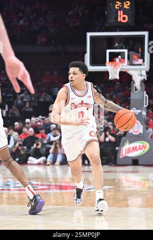 12. Februar 2025: John Mobley Jr. (0) bringt den Ohio State Buckeyes Guard gegen die Washington Huskies in ihrem Spiel in Columbus (Ohio) auf das Spielfeld. Brent Clark/CSM Stockfoto