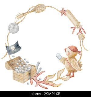 Kranz Aquarell Piratenseemann Papagei, Bubble of Bubbles, Pinsel, Seife, Muscheln, Algen, Korallen. Illustration für Vorlage, Dekoration für Kinder Stockfoto