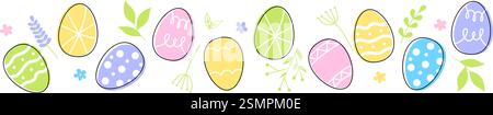 Ostereier Zusammensetzung handgezeichnet schwarz auf weißem Hintergrund. Dekorativer horizontaler Streifen aus Eiern mit Kritzelblättern. Stock Vektor