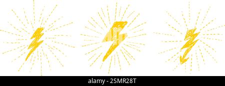 Set aus Lightning Wachs Zeichenstift Silhouette. Sammlung von Donner- oder Batteriesymbolen mit radialen Anhebungen wie Kinder, geschrieben von goldenen Pastellfarben Stock Vektor