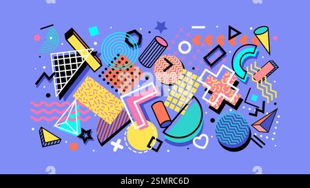 Abstrakte Memphis Formen Hintergrund, Hipster-Muster der 80er 90er Jahre mit geometrischen, farbenfrohen Formen und modernen Elementen. Vektor trendige Ornament mit surrealer fi Stock Vektor