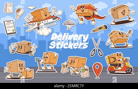 Aufkleber Pack groovige Lieferung Karton Box Zeichen, Vektor lustige Zeichentrickfilm. Groovige Versandbox als Kurier auf Roller oder Versandwagen Stock Vektor