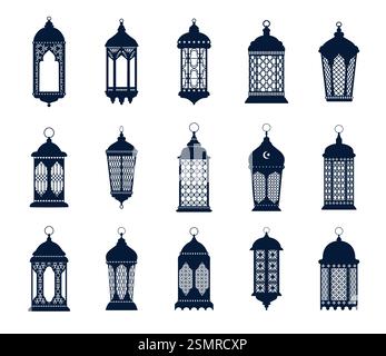 Arabische islamische Laterne ramadan oder eid mubarak Lampensilhouetten. Isolierte Vektorverzierung fanous Lampen, Symbol für Urlaubsfreude und Feierlichkeiten, Häuser und Stock Vektor