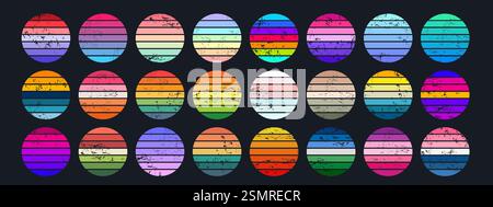 Synthwave Vapor Retro Farbverlauf. Kreisförmige Vektor-Farbfelder mit leuchtenden Farben, horizontalen Streifen und strukturierten Texturen für kreative Kreationen Stock Vektor