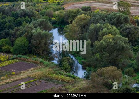 Ein sich windender Fluss fließt durch eine grüne Landschaft, umgeben von Bäumen und Feldern. Stockfoto