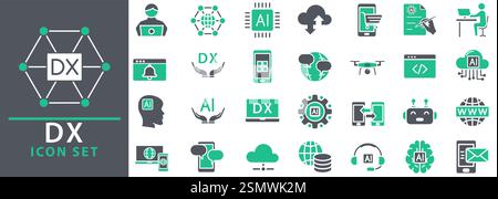 Technologiesymbol im Vektor gesetzt. Symbolgruppe digitale Transformation. DX-Symbole. Vektorabbildung. Bearbeitbare Kontur. Stock Vektor