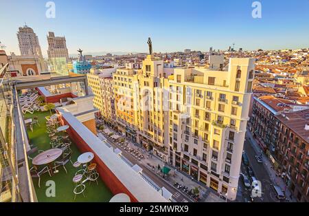 Emperador Hotel auf dem Dach, befindet sich im Lope de Vega Gebäude in der Straße Gran Via. Madrid. Spanien Stockfoto
