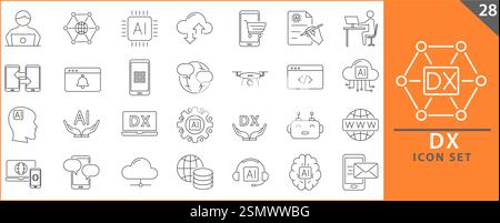 Technologiesymbol im Vektor gesetzt. Symbolgruppe digitale Transformation. DX-Symbole. Vektorabbildung. Bearbeitbare Kontur. Stock Vektor