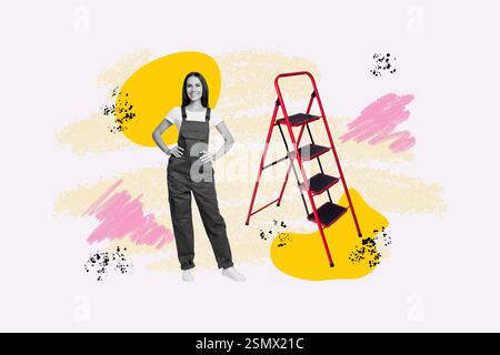 Skizze Bild Artwork Composite 3D Foto Collage des Bauherstellers Service Reparatur Arbeiter professionelle Handwerker junge Frau Stand Lächeln Leiter Stockfoto