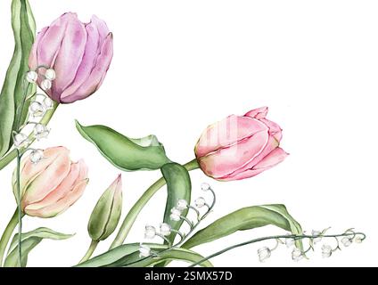 Rechteckiger Rahmen mit pastellrosa hellen Tulpen und Maiglöckchen für Grußkarte „Hello Spring“. Handgezeichnete Aquarellillustration Stockfoto