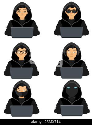 Junger Hacker Programmierer IT-Spezialist Coder, der an einem Laptop in einem Pullover mit einer Kapuze flach Stil Vektor Illustration isoliert auf weißem Hintergrund sitzt Stockfoto