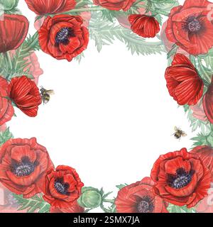 Ein quadratischer Rahmen aus provenzalischen Mohnblumen. Aquarell mit roten Blumen. Botanische Pflanzen. Französischer Stil. Wiesenpflanzen. Ein Kranz mit einem Platz für das t Stockfoto