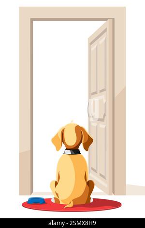 Haustierhund sitzt mit von hinten und wartet auf seinen Besitzer flache Karikaturvektor Illustration isoliert auf weißem Hintergrund Stockfoto