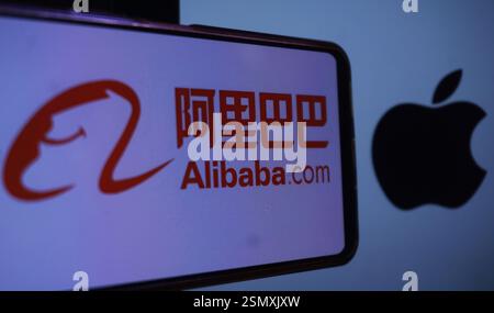 HANGZHOU, CHINA - 13. FEBRUAR 2025 - ein Illustrationsfoto zeigt die Logos von Alibaba und Apple Inc. In Hangzhou, Provinz Zhejiang, China, 13. Februar 20 Stockfoto