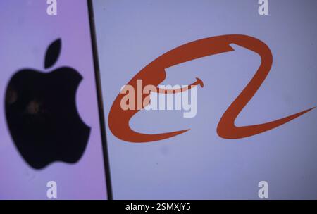 HANGZHOU, CHINA - 13. FEBRUAR 2025 - ein Illustrationsfoto zeigt die Logos von Alibaba und Apple Inc. In Hangzhou, Provinz Zhejiang, China, 13. Februar 20 Stockfoto