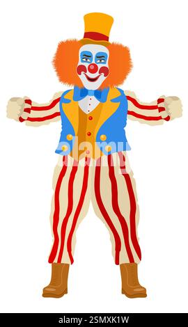 Fröhlicher Clown Schauspieler und Zirkuscharakter flache Stil Vektor Illustration isoliert auf Hintergrund Stock Vektor