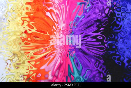 Farbenfrohe psychedelische Farbspritzer abstraktes Hintergrunddesign mehrfarbig. Stockfoto