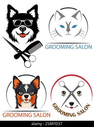 Grooming Haustier Katzen und Hunde Logo für Ihr Unternehmen oder Unternehmen Set Logotype Vektor Illustration isoliert auf weißem Hintergrund Stock Vektor