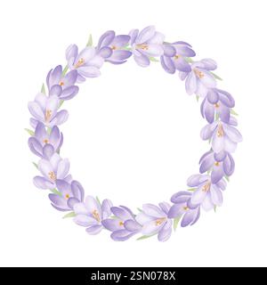 Lila Krokuskranz isoliert auf weiß. Runder Rahmen mit Frühlingsblumen und grünen Blättern im Aquarellstil. Designelement für Grußkarten Stockfoto