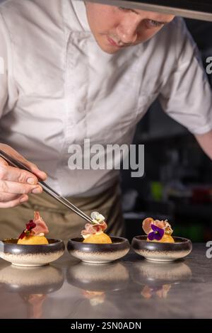 Küchenchef garniert kleine Gerichte mit Pinzette in einer professionellen Küche Stockfoto