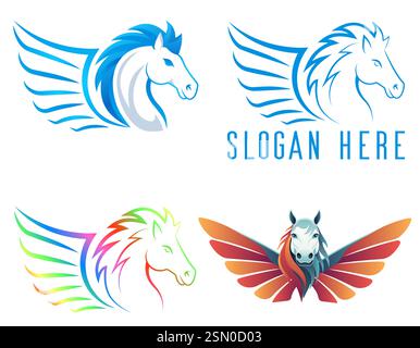 pegasus Logo mythologisches fliegendes Pferd mit Flügeln gesetzt Logotypvektor Illustration isoliert auf weißem Hintergrund Stock Vektor