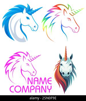 Einhornlogo mythologisches Pferd mit Horn Set Logotype Vektor Illustration isoliert auf weißem Hintergrund Stock Vektor