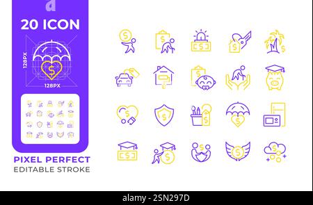 Financial Goals Pixel Perfect zwei farbige Linien-Symbole gesetzt Stock Vektor