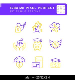 Passiv Einkommensfreiheit Pixel Perfect zwei farbige Linien-Symbole gesetzt Stock Vektor