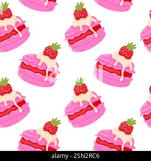 Nahtloses Muster aus rosafarbenem Himbeer-Macaron mit Creme und tropfender Glasur im Cartoon-Stil. Süßes Dessertdesign für Backwaren, Stoff Stock Vektor