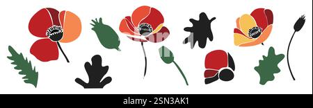 Set aus farbenfrohen abstrakten Mohnblumen und Blättern Stock Vektor