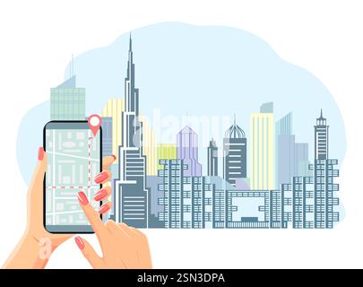 Vektorillustration Spaziergang durch die Stadt. Navigation. Hände halten das Handy und zeichnen die bewegliche Route auf dem Telefonbildschirm. Stadtplan. Lage Reise L Stock Vektor