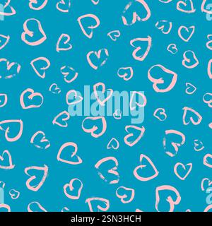 Nahtloses Muster mit handgezeichneten Herzen. Rosafarbene Herzen auf blauem Hintergrund mit Doodle Grunge. Vektorabbildung. Stock Vektor