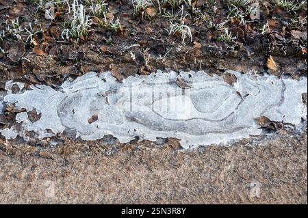 Eine kleine eisige Pfütze auf einer Feldstraße an einem kalten Wintertag Stockfoto