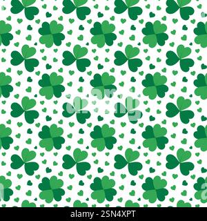 Kleeblätter Shamrock, Quatrefoil und dekorative Herzen nahtloses Muster. Hintergrund Zum St. Patrick Day. Isolierte Vektor-Illustration Wrapping, Hintergrundbild, thematische Karten oder Web-Promo-Broschüre, Banner, Tag Stock Vektor