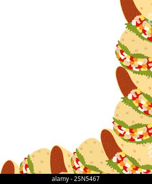Tacos gefülltes Grün, Fleisch und Gemüse Eckrand. Taco Day Copy Space Template Konzept. Isolierte Vektor-Illustration Thematische Karte, Broschüre, Preisschild, Etikett oder Web-Werbebanner, Broschüre Stock Vektor