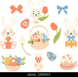 Niedlicher Osterhase mit Tulpenblumen und Ostereiern im Korb. Frühlingsferien-Kollektion. Isolierte Vektor-Illustrationen für festliches Design, Greetin Stock Vektor
