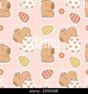 Nahtloses Ostermuster. Süße Capybara mit Hasenohren mit paschal-Eiern auf rosa kariertem Hintergrund. Karikaturfilm mit kawaii-Tieren im Hintergrund. Vektor Stock Vektor