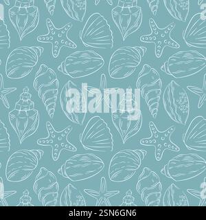 Nahtloses Muschelmuster im Linienart-Stil auf türkisfarbenem Hintergrund. Handgezeichnete Unterwasserschale mit wiederholter Textur für Sommerdesign. Stock Vektor