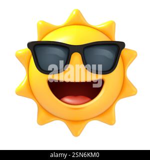 3D Sun Emoji. Sommersonne mit Sonnenbrille, fröhlich lächelndes Emoticon im Renderstil, süße Zeichentrickfigur. Social Media Maskottchen Vektor-Symbol isoliert auf weißem Hintergrund. Stock Vektor