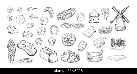 Verschiedene Brot- und Backwaren handgezeichnete schwarz-weiße Vektor-Illustrationen. Set aus Windmühle, Korb, Schneidebrett, Mehl und Querschnittteilen Stock Vektor