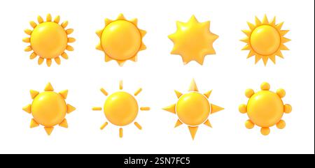 3D-Sonnensymbole. Sonnenlicht gelbes Symbol, Sonnenkugel mit Sonnenstrahlen, sonniger Tag und Wärmebild. Sonnenschein glänzend Element, netter heller Sonnenstern isolierte realistische Vektor-Icon Set. Stock Vektor